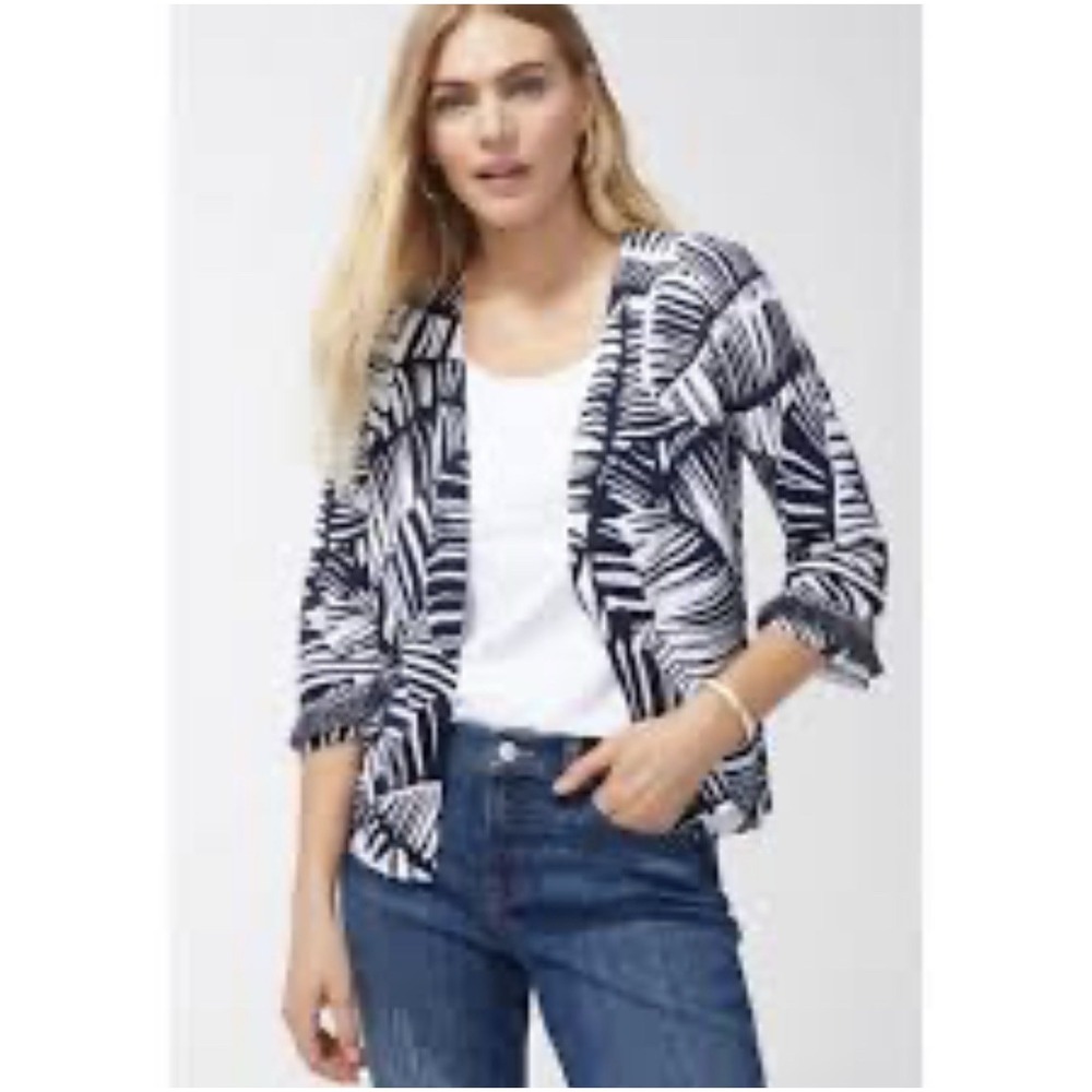 CHICO'S Women Sz Large 3/4 Sleeve Fringe Trim Zebra Open Front Cardigan Jacket